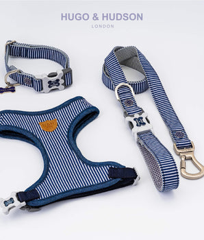 Matching Collar, Lead and Harness Set - Striped Navy