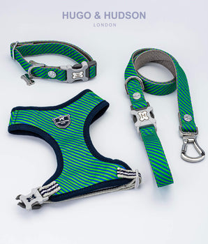 Matching Collar, Lead and Harness Set - Striped Navy and Green