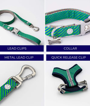 Matching Collar, Lead and Harness Set - Striped Navy and Green