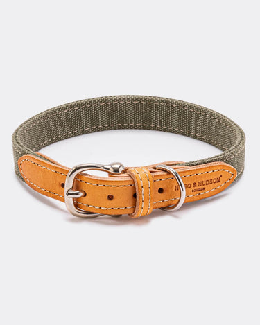 Denim and Leather Dog Collar - Green and Tan
