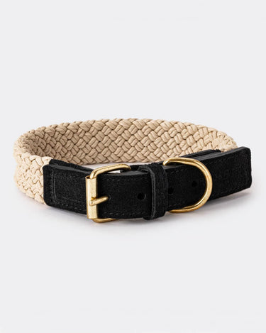 Flat Rope and Leather Dog Collar - Black