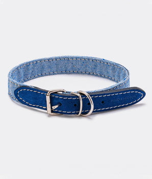 Fabric and Suede Leather Dog Collar - Blue