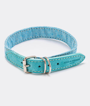 Fabric and Suede Leather Dog Collar - Light Blue