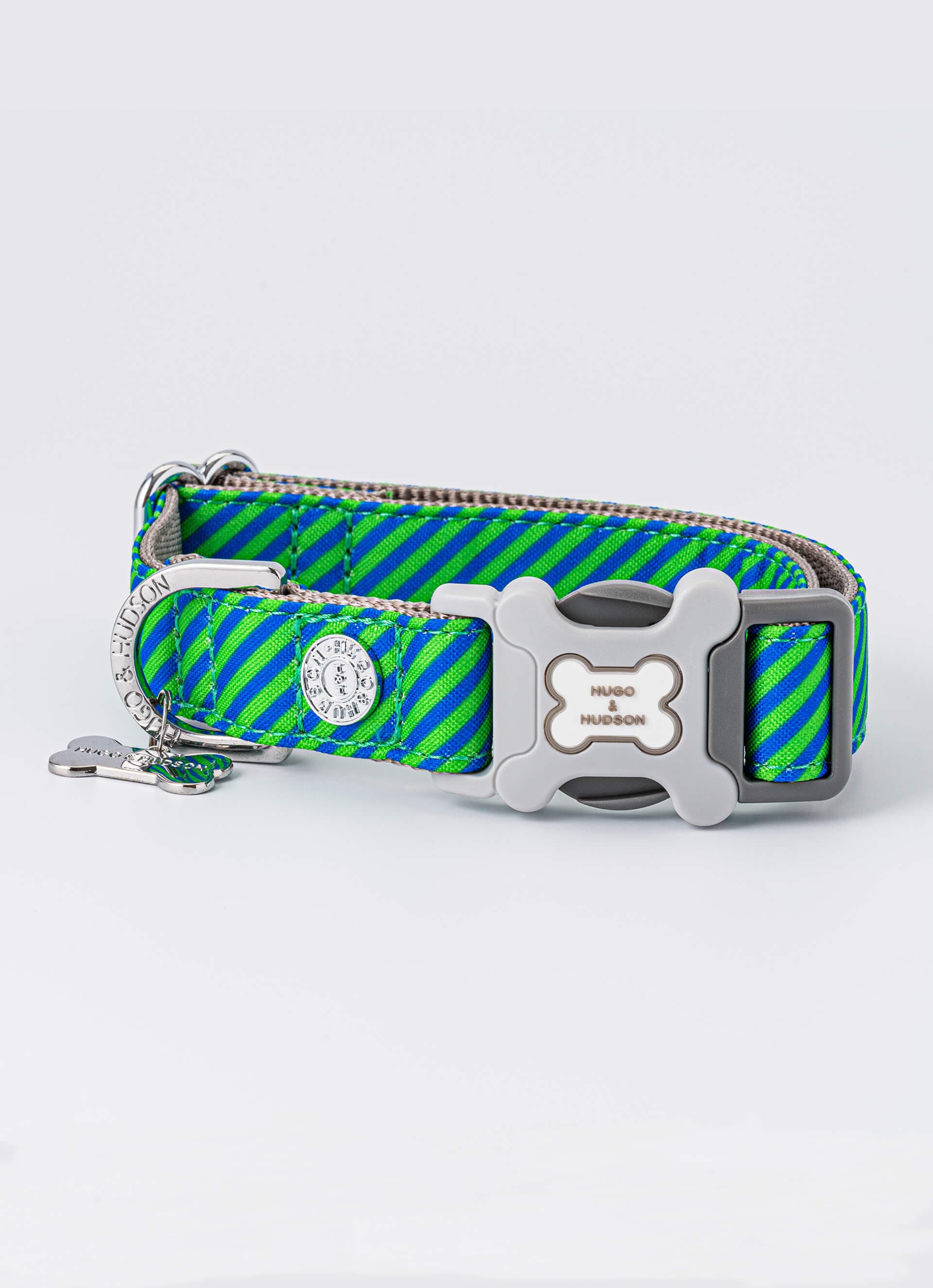 Fabric Dog Collar Striped Navy and Green Hugo & Hudson London
