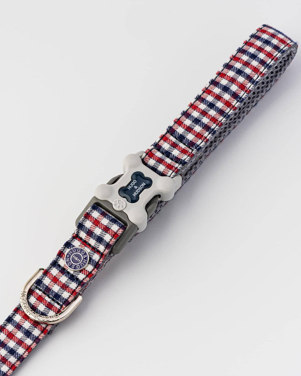 Fabric Dog Lead Checked Navy and Red Hugo & Hudson London