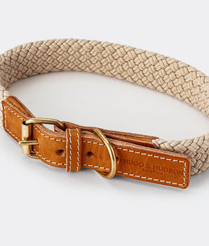 Flat Rope and Leather Dog Collar - Tan