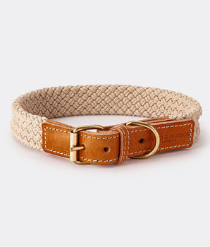 Flat Rope and Leather Dog Collar - Tan