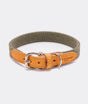 Denim and Leather Dog Collar - Green and Tan