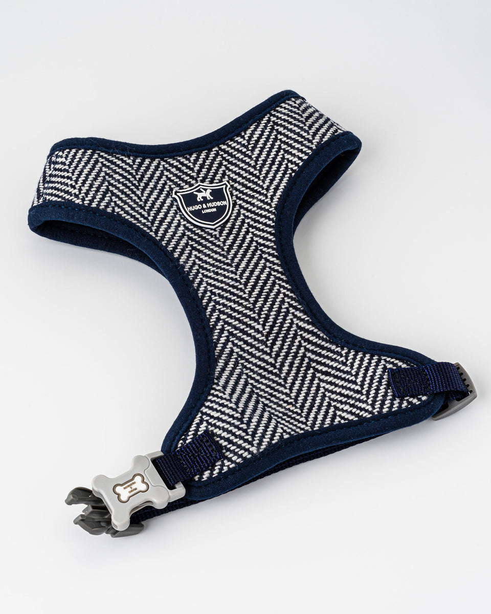 Tweed Dog Harness Navy Herringbone Hugo & Hudson London