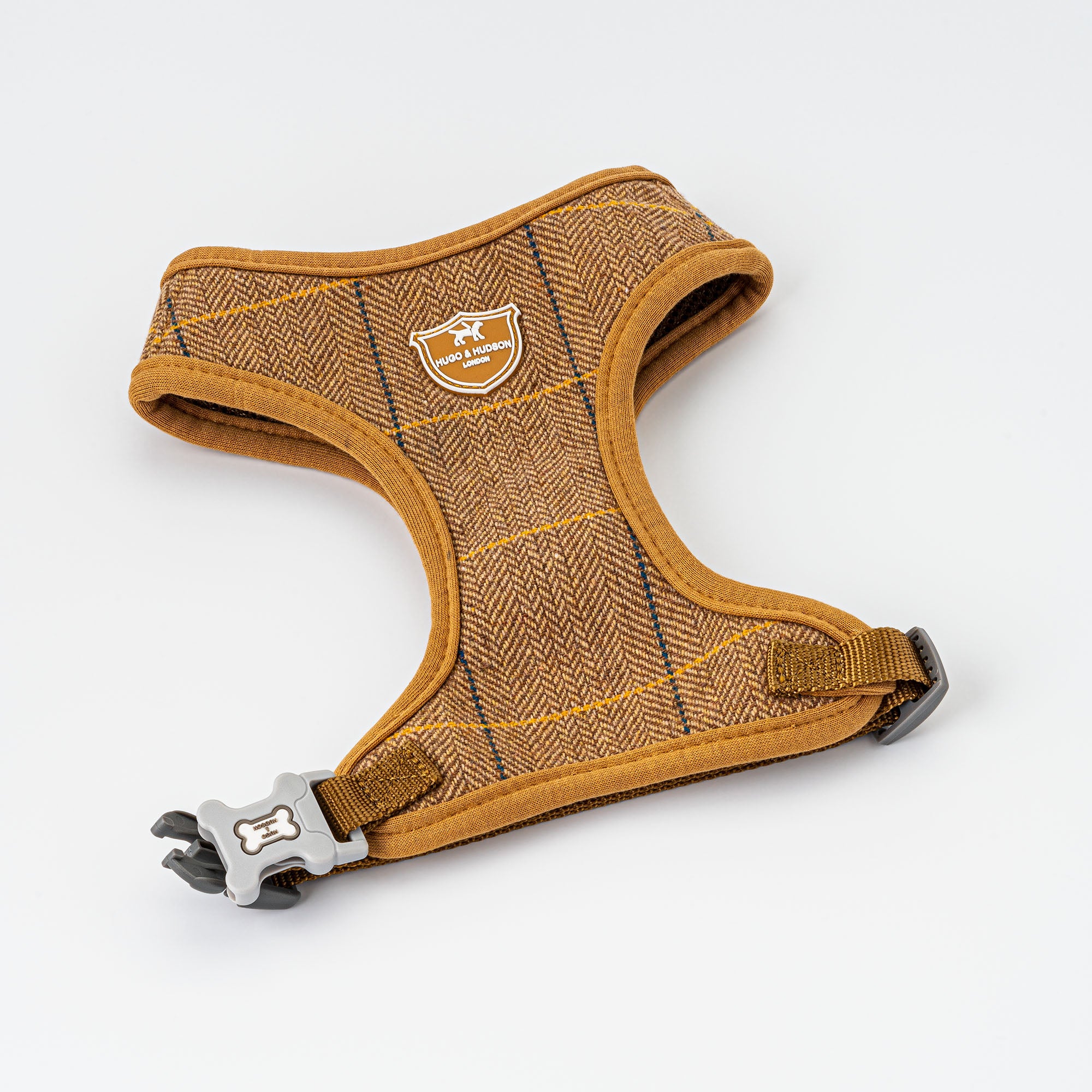 Tweed Dog Harness Caramel Checked Herringbone Hugo & Hudson London