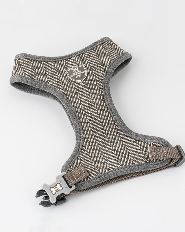 Tweed Dog Harness Grey Herringbone Hugo & Hudson London