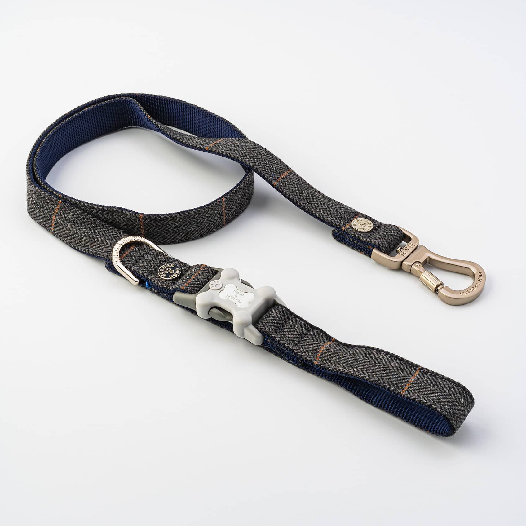 Tweed Dog Lead Grey Checked Herringbone Hugo & Hudson London