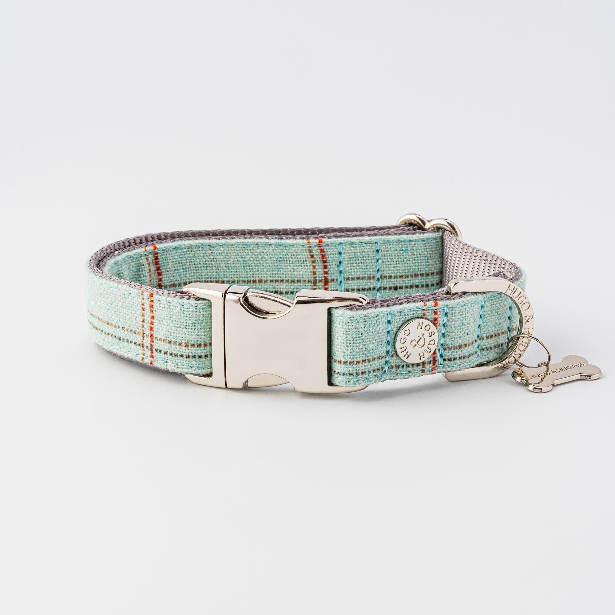 Tweed Dog Collar Aqua Checked Hugo & Hudson London