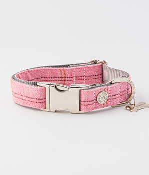 Hundehalsband aus Tweed mit Metallschnalle – rosa kariert