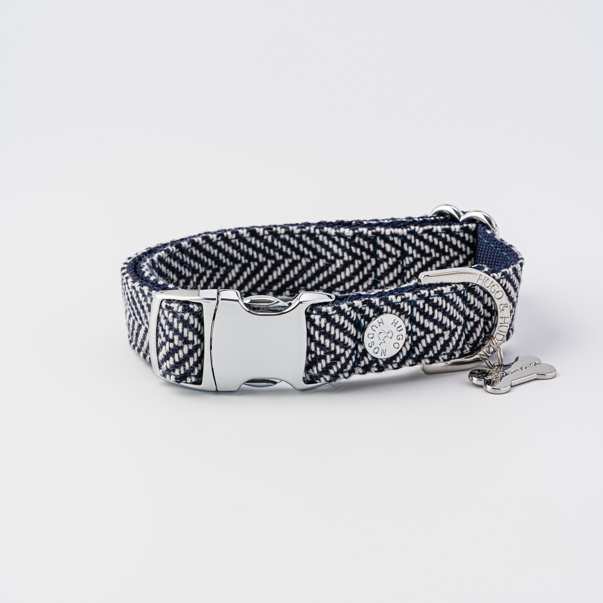 Tweed Dog Collar Navy Herringbone Hugo & Hudson London