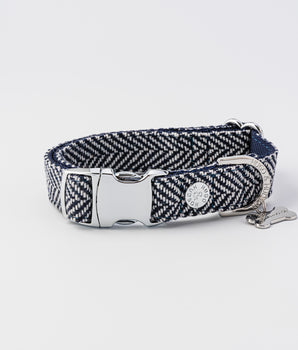 Hundehalsband aus Tweed mit Metallschnalle – marineblaues Fischgrätenmuster