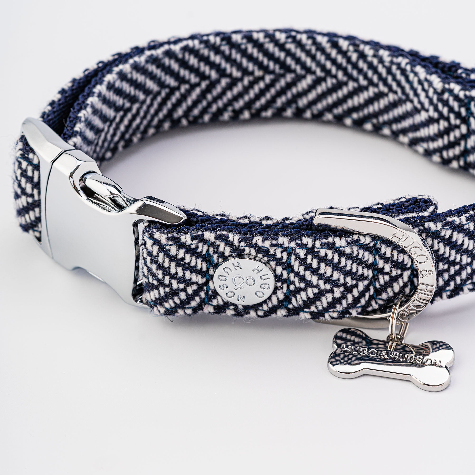 Tweed Dog Collar Navy Herringbone Hugo & Hudson London